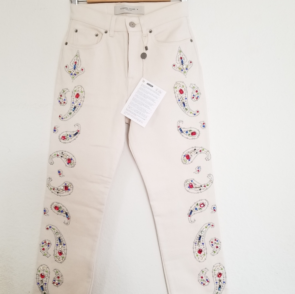 Golden Goose Texas Paisley Embroidery Ivory Straight Raw-Cut Crop Jeans … - Picture 5 of 14